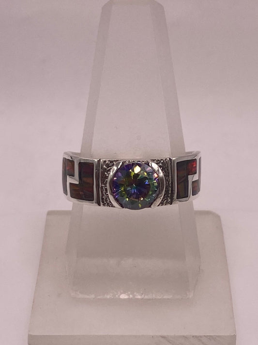Anillo Greca Ópalo Rojo-borgoña & Zirconia Mística Arcoíris Plata 950 — ángulo diagonal