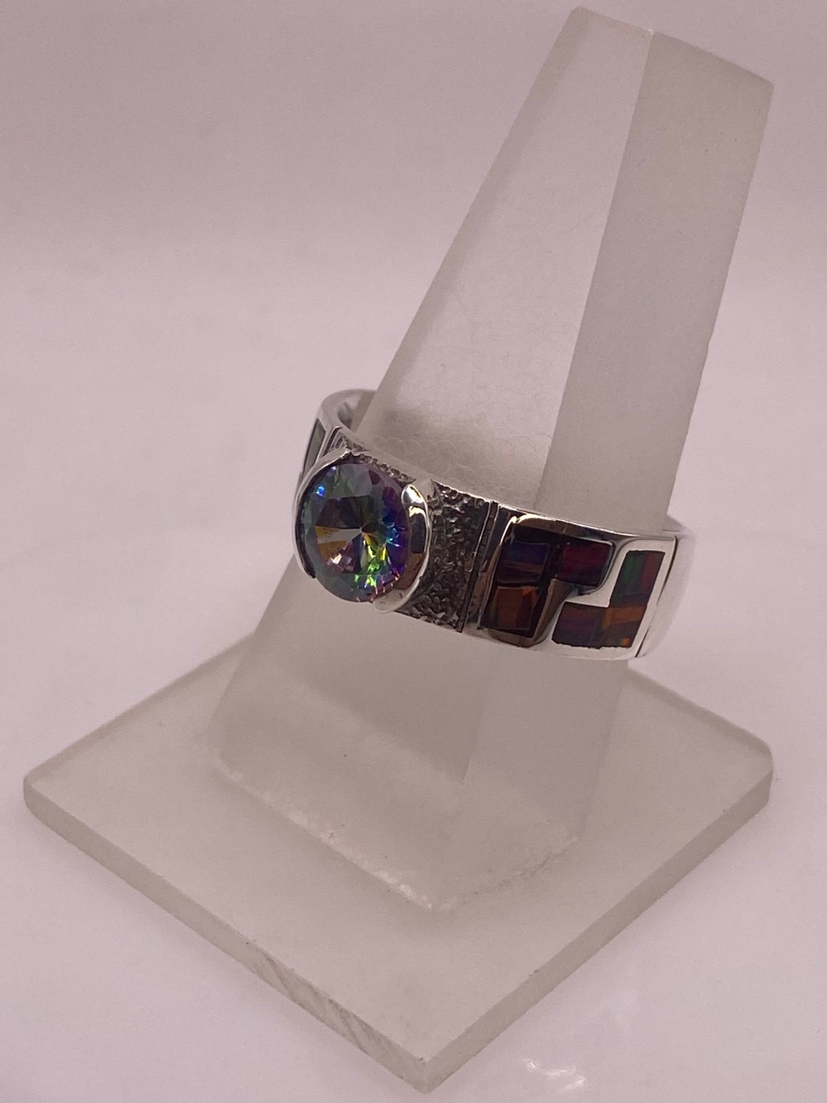 Anillo Greca Ópalo Rojo-borgoña & Zirconia Mística Arcoíris Plata 950, vista frontal