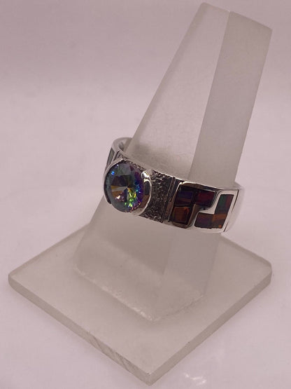 Anillo Greca Ópalo Rojo-borgoña & Zirconia Mística Arcoíris Plata 950, vista frontal