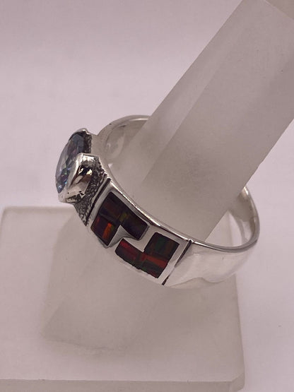 Anillo Greca Ópalo Rojo-borgoña & Zirconia Mística Arcoíris Plata 950, vista de detalle
