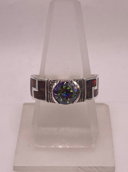 Anillo Greca Ópalo Rojo-borgoña & Zirconia Mística Arcoíris Plata 950, vista lateral