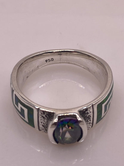 Anillo Greca Ópalo Verde & Zirconia Mística Plata 950, sello de autenticidad Plata Ley .925