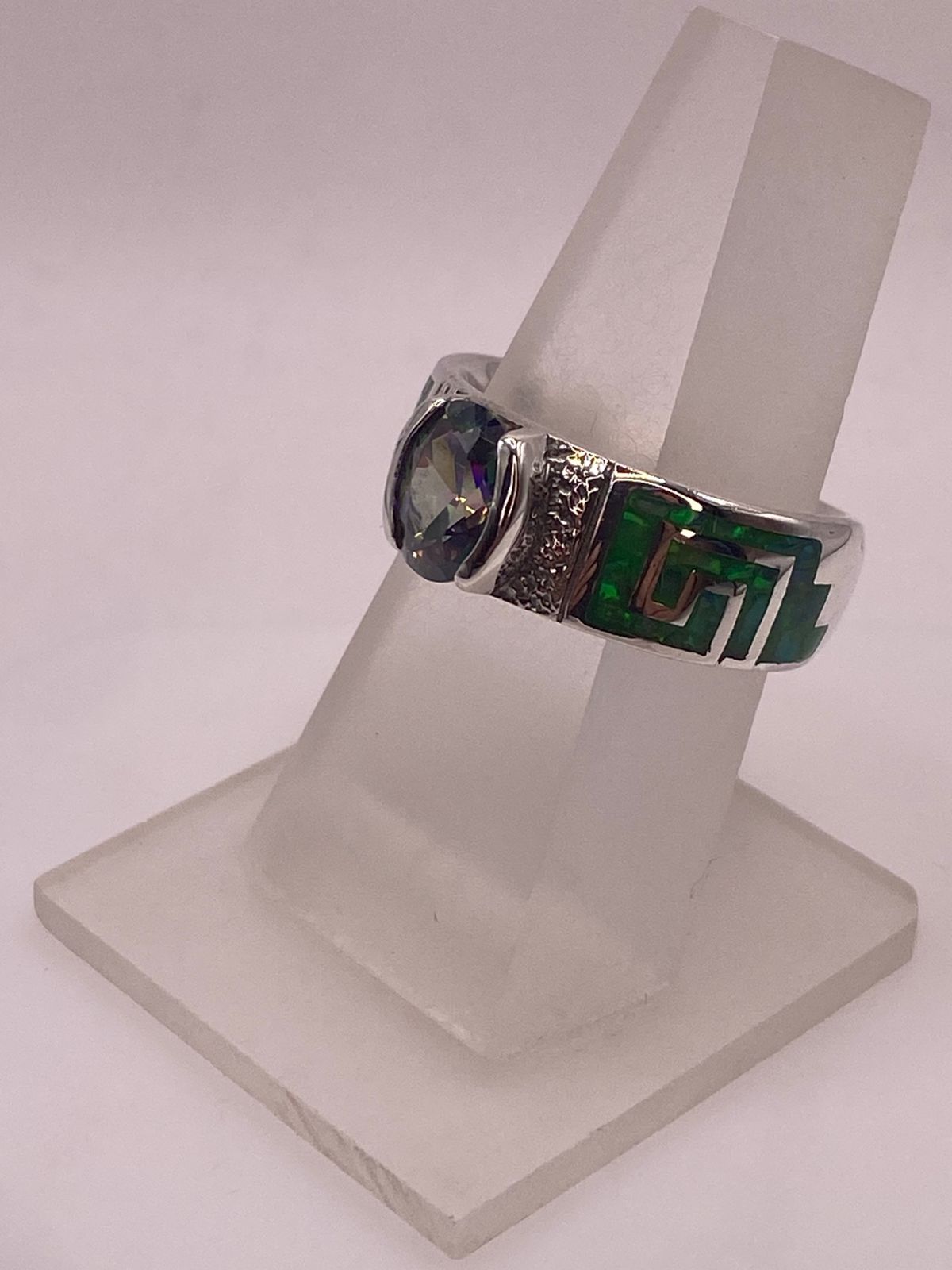 Anillo Greca Ópalo Verde & Zirconia Mística Plata 950, vista frontal
