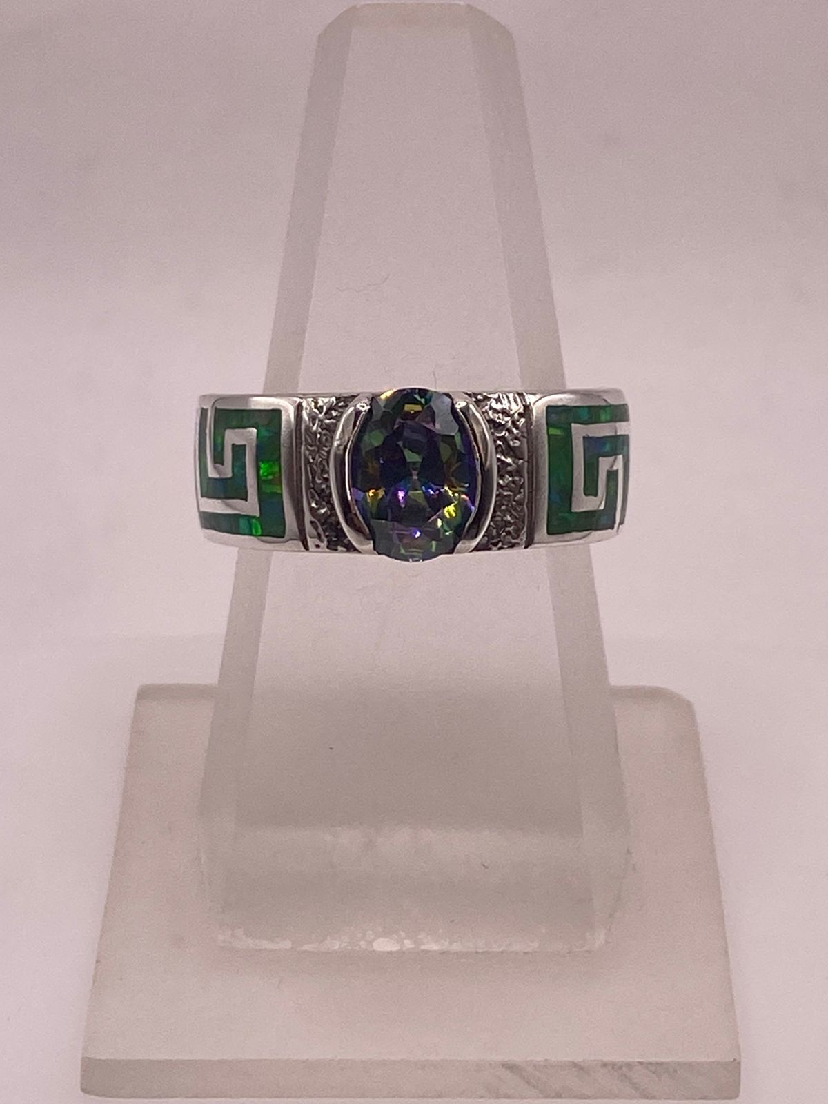 Anillo Greca Ópalo Verde & Zirconia Mística Plata 950, vista lateral