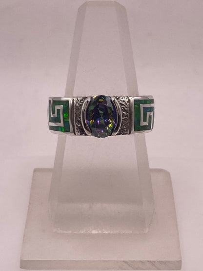 Anillo Greca Ópalo Verde & Zirconia Mística Plata 950, vista lateral