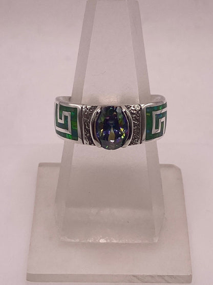 Anillo Greca Ópalo Verde & Zirconia Mística Plata 950 — ángulo diagonal