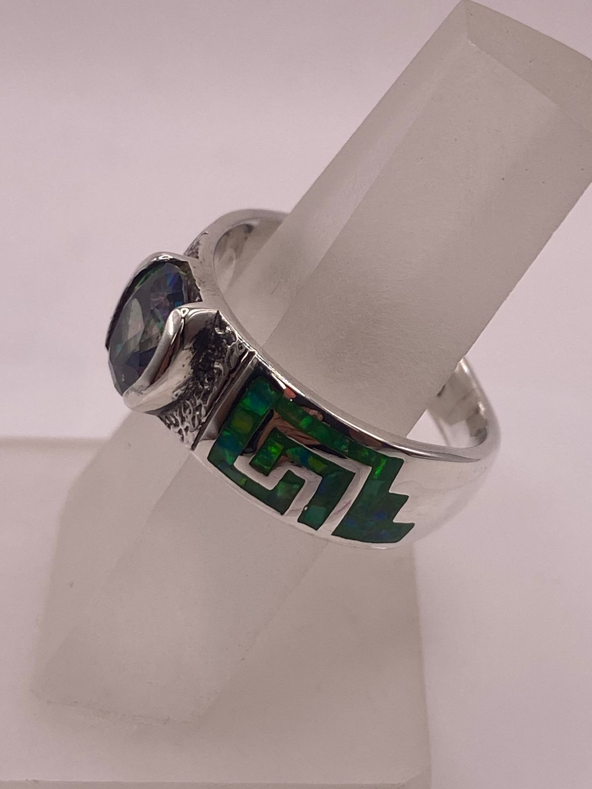 Anillo Greca Ópalo Verde & Zirconia Mística Plata 950, vista de detalle