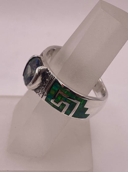 Anillo Greca Ópalo Verde & Zirconia Mística Plata 950, vista de detalle