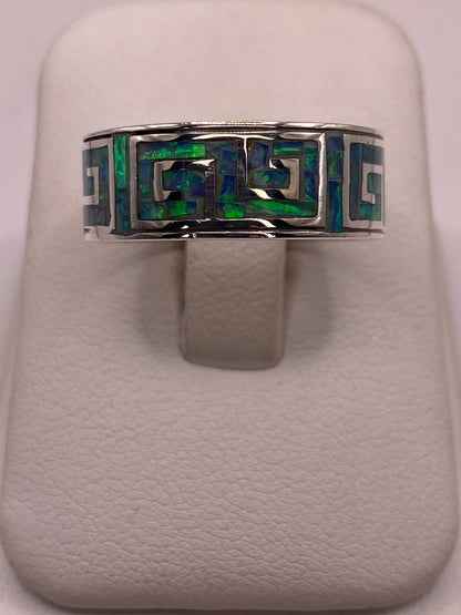 Anillo Greca de Plata Ley 950 con Ópalo Azul y Verde, vista lateral