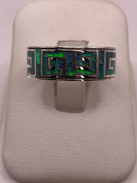 Anillo Greca de Plata Ley 950 con Ópalo Azul y Verde — ángulo diagonal