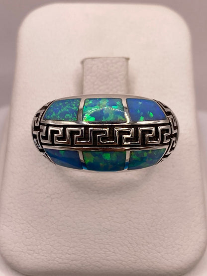 Anillo Greca de Plata Ley 950 con Ópalo de Fuego Azul Cielo — detalle de acabado