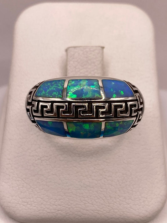 Anillo Greca de Plata Ley 950 con Ópalo de Fuego Azul Cielo — detalle de acabado