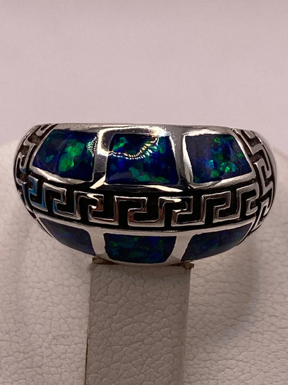 Anillo Greca de Plata Ley 950 con Ópalo de Fuego Azul Marino, vista superior