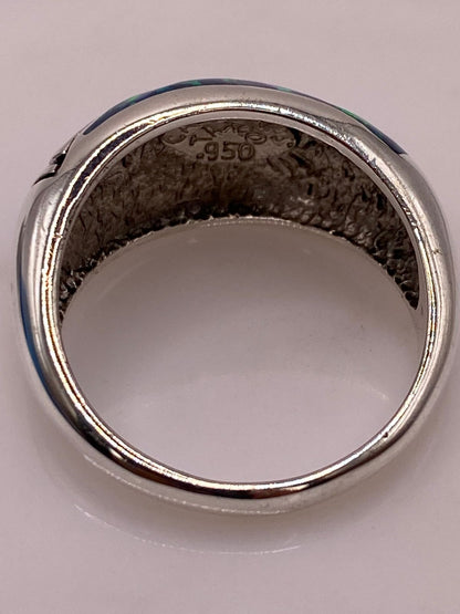 Anillo Greca de Plata Ley 950 con Ópalo de Fuego Azul Marino, sello de autenticidad Plata Ley .925