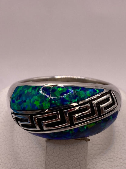 Anillo Greca de Plata Ley 950 con Ópalo de Fuego Azul Marino, vista superior