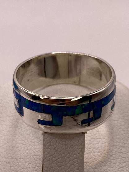 Anillo Greca de Plata Ley 950 con Ópalo de Fuego Azul Marino, vista superior