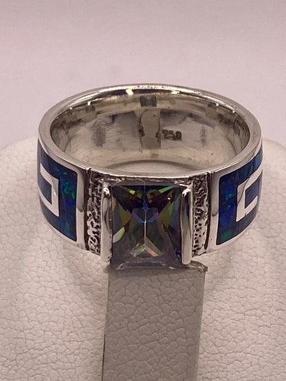 Anillo Greca en Plata Ley .950 con Ópalo de Fuego y Zirconia, sello de autenticidad Plata Ley .925