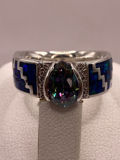 Anillo Greca de Plata Ley 950 con Ópalo de Fuego y Zirconia, vista superior