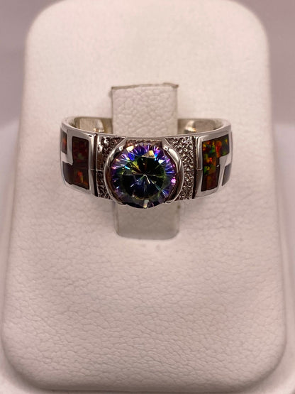 Anillo Greca de Plata Ley 950 con Ópalo de Fuego y Zirconia, vista frontal