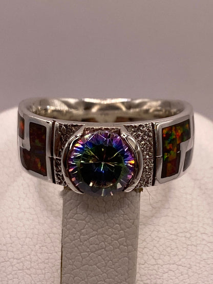 Anillo Greca de Plata Ley 950 con Ópalo de Fuego y Zirconia, vista superior