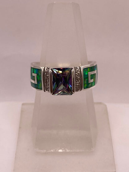 Anillo Greca de Plata Ley 950 con Ópalo de Fuego y Zirconia, vista de detalle