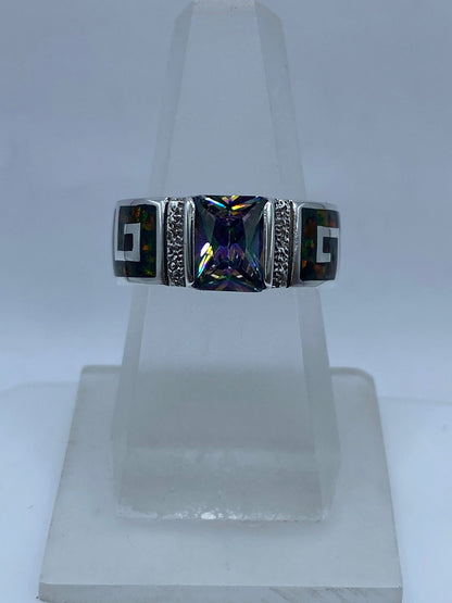 Anillo Greca de Plata .950 con Ópalo de Fuego y Zircona Multicolor, vista lateral