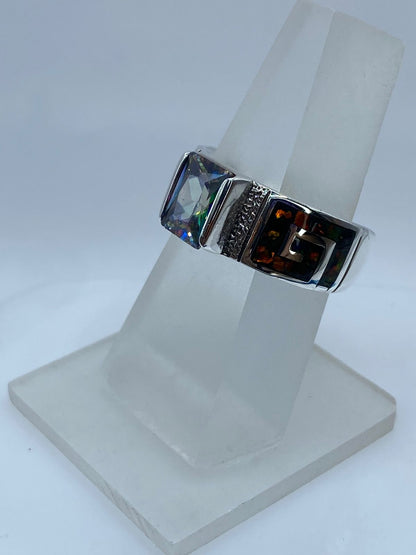 Anillo Greca de Plata .950 con Ópalo de Fuego y Zircona Multicolor, vista frontal