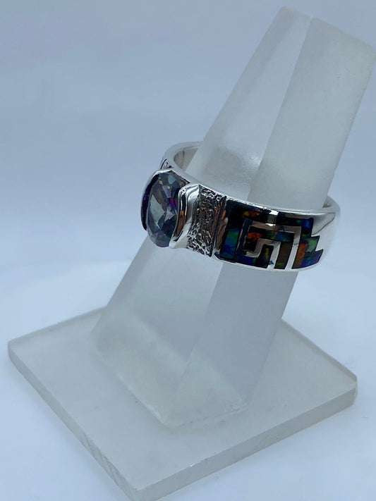 Anillo Greca de Plata .950 con Ópalo de Fuego y Zirconia, vista frontal