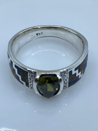 Anillo Greca de Plata .950 con Ópalo de Fuego y Zirconia, sello de autenticidad Plata Ley .925