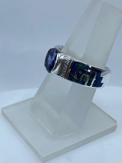 Anillo Greca de Plata .950 con Ópalo de Fuego y Zirconia Azul, vista frontal