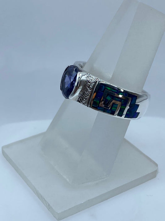 Anillo Greca de Plata .950 con Ópalo de Fuego y Zirconia Azul, vista frontal