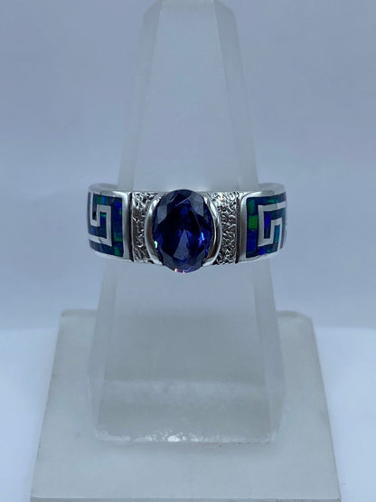 Anillo Greca de Plata .950 con Ópalo de Fuego y Zirconia Azul, vista lateral