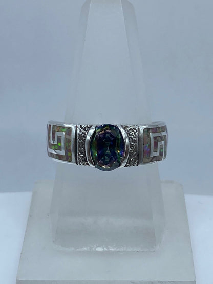 Anillo Greca de Plata .950 con Ópalo de Fuego y Zirconia Multicolor — ángulo diagonal