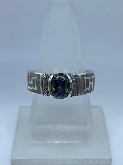 Anillo Greca de Plata .950 con Ópalo de Fuego y Zirconia Multicolor, vista lateral