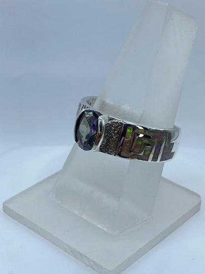 Anillo Greca de Plata .950 con Ópalo de Fuego y Zirconia Multicolor, vista frontal