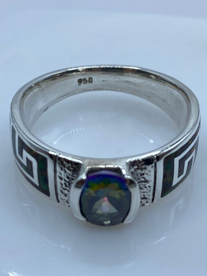 Anillo Greca de Plata .950 con Ópalo de Fuego y Zirconia Tornasol, sello de autenticidad Plata Ley .925