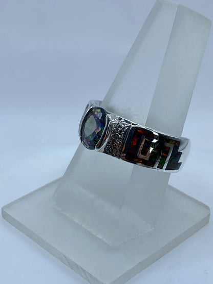 Anillo Greca de Plata .950 con Ópalo de Fuego y Zirconia Tornasol, vista frontal