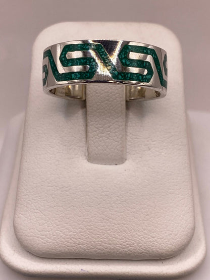 Anillo Greca Verde de Plata .925 con Incustracion Verde, vista frontal