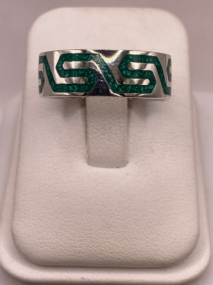 Anillo Greca Verde de Plata .925 con Incustracion Verde — ángulo diagonal