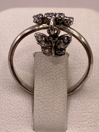 Anillo de Mariposa Colgante con Zirconias Blancas en Plata Ley 925, sello de autenticidad Plata Ley .925