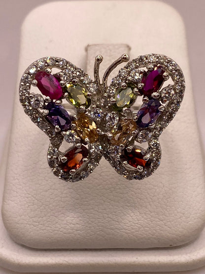 Anillo Mariposa Multicolor con Zirconias Brillantes en Plata Ley 925, vista de detalle