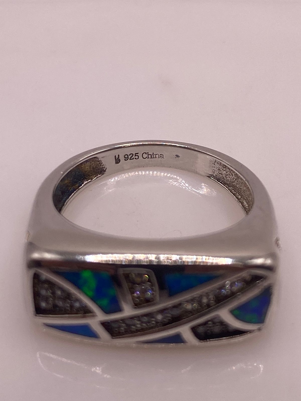 Anillo Moderno Ópalo Azul & Zirconia Diamante Plata 925, sello de autenticidad Plata Ley .925