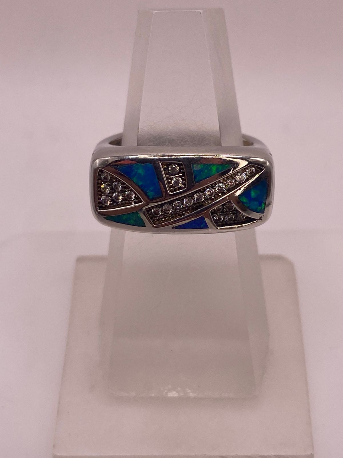 Anillo Moderno Ópalo Azul & Zirconia Diamante Plata 925 — ángulo diagonal