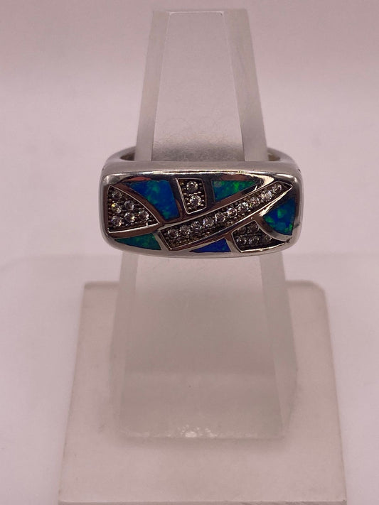 Anillo Moderno Ópalo Azul & Zirconia Diamante Plata 925 — ángulo diagonal