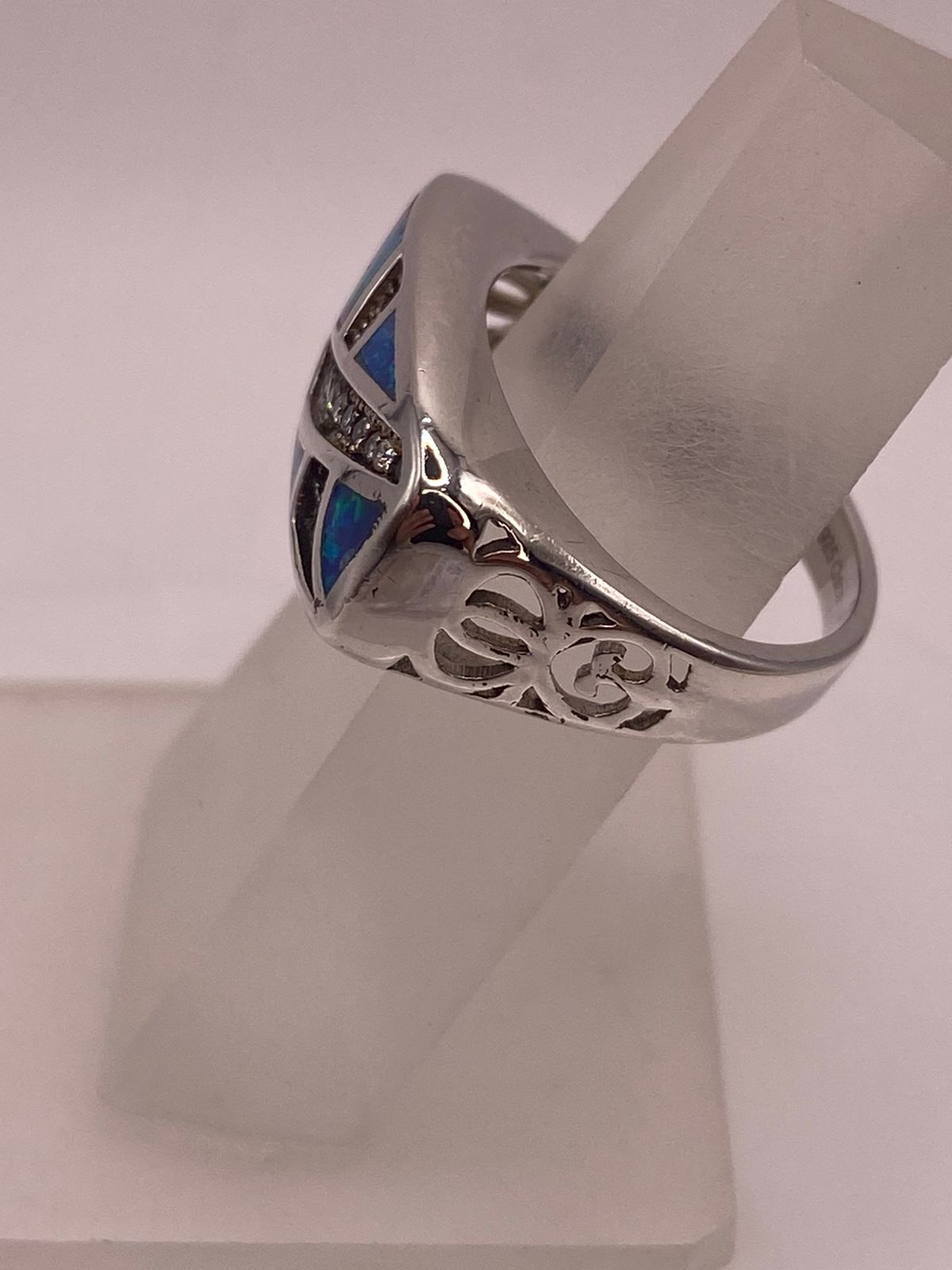Anillo Moderno Ópalo Azul & Zirconia Diamante Plata 925, vista de detalle
