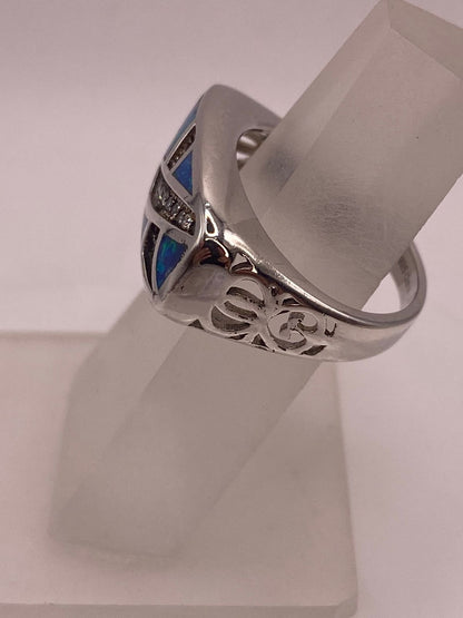 Anillo Moderno Ópalo Azul & Zirconia Diamante Plata 925, vista de detalle