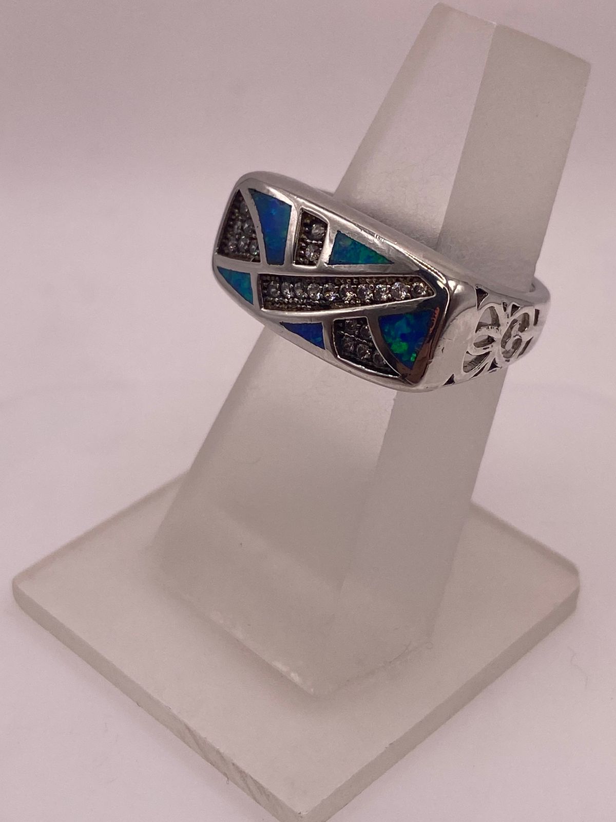 Anillo Moderno Ópalo Azul & Zirconia Diamante Plata 925, vista frontal