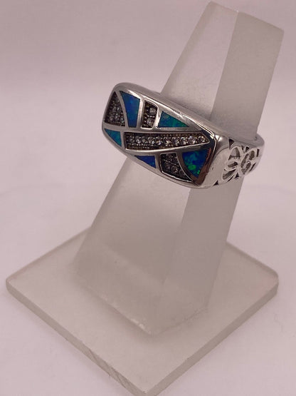 Anillo Moderno Ópalo Azul & Zirconia Diamante Plata 925, vista frontal