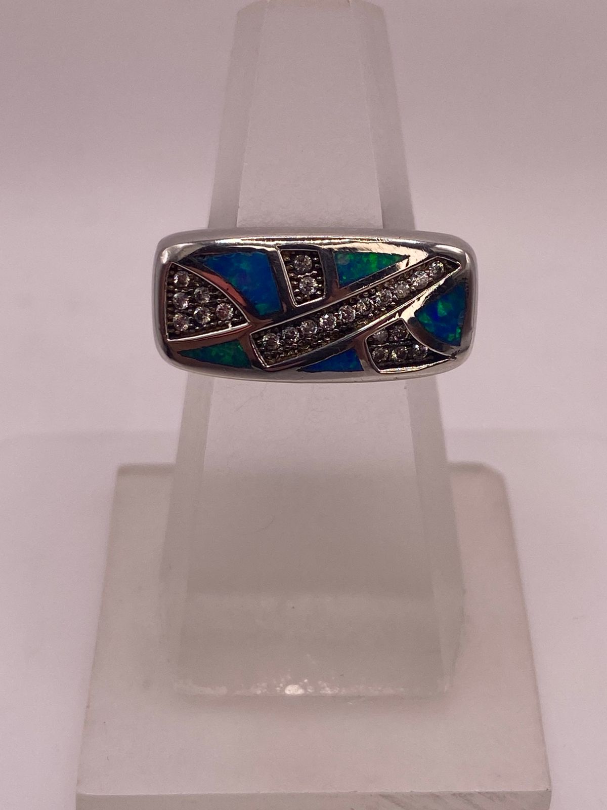 Anillo Moderno Ópalo Azul & Zirconia Diamante Plata 925, vista lateral