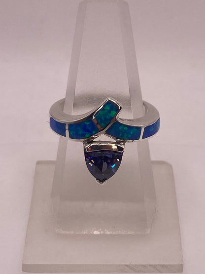 Anillo Moderno Ópalo Azul & Zirconia Tanzanita Trillion Plata 950 — ángulo diagonal